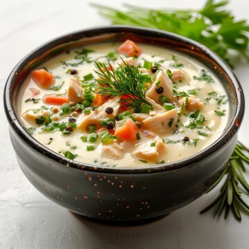 Studio photograph, bowl of white cream of chicken soup on white background,generated with ai