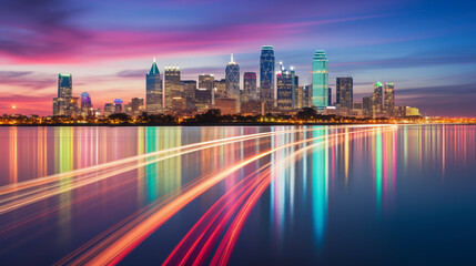 Dramatic Sunset Over City Skyline with Reflective Light Trails, Urban Cityscape