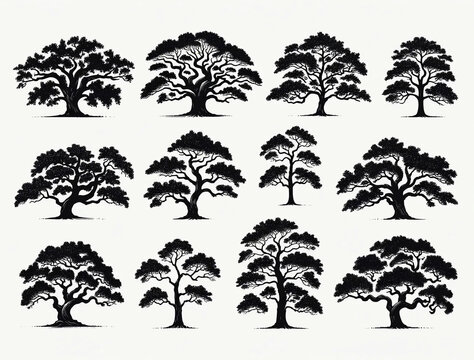 A collection of black drawn trees on a pure white background.
