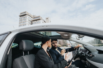 A man and woman dressed in business attire engage in conversation inside a vehicle, possibly...