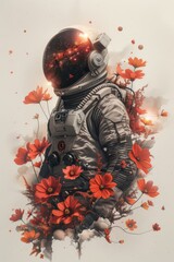 Vintage tattoo design of a portrait of an astronaut woman with flowers against a starry sky, in the style of a vintage poster, generated with AI
