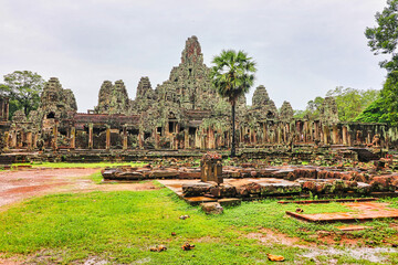 A view of the Bayon Temple complex on a rainy monsoon day at Siem Reap, Cambodia, Asia