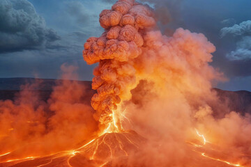 A volcano with lava spewing out of it. The sky is dark and cloudy night