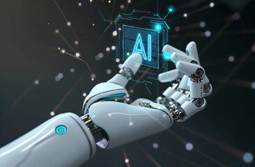 Naklejka premium Artificial intelligence, AI and technology concept. Robotic hand holding AI chip. Blue tones.