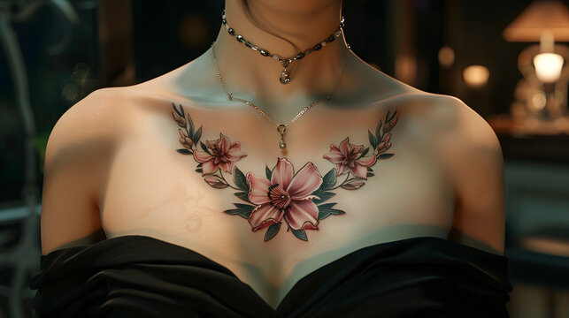 An elegant tattoo of pink lilies adorning the chest and neck of a woman with a black shoulderless dress