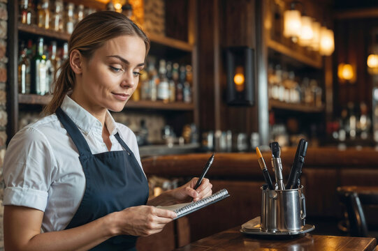 Portrait of waitress with a notebook takes an order. Waitress a restaurant writing an order in bar at hotel