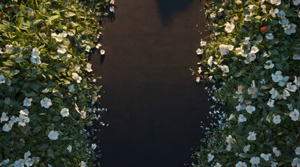 Aerial View of Canal Surrounded by Flowers