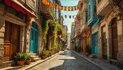 Fototapeta na wymiar Beautiful narrow ancient street in Istanbul summer