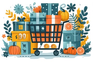 Shopping cart with presents and pumpkins on white background for Halloween and holiday shopping. - obrazy, fototapety, plakaty