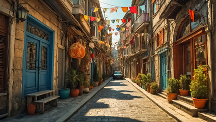 Fototapeta na wymiar Beautiful narrow ancient street in Istanbul culture