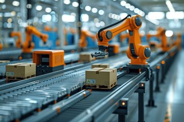 Orange Robot Arm Working on Conveyor Belt System in Advanced Manufacturing Plant