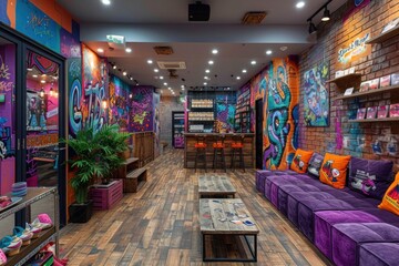 Retro Cafe Lounge Bar with Colorful Graffiti Wall, Urban Decor, Vintage Seating, Creative Lighting