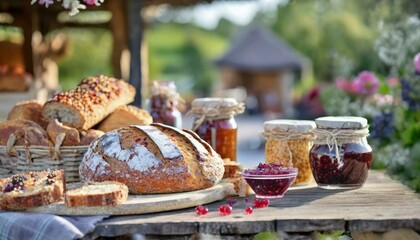 A rustic, outdoor bread and jam stall with a variety of artisan breads, homemade jams, and a bread and butter on a table