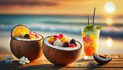 A serene beach scene at sunset, with a chilled tropical fruit salad and refreshing drinks served...