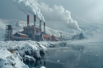 Industrial Power Plant on a Cold Snowy Day by the Ocean - obrazy, fototapety, plakaty