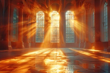 Sunlit Church Interior Featuring Stunning Stained Glass Windows and Serene Sunlight Illumination
