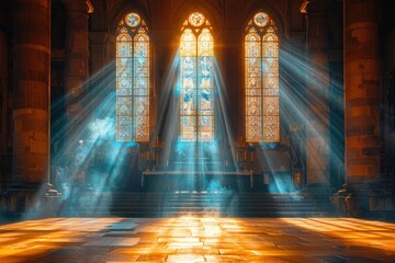 Peaceful Church Interior with Stunning Stained Glass Windows and Light