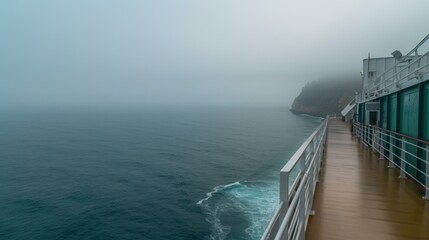 View of foggy day and blue ocean from outside deck of cruise ship