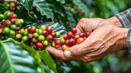 Farmer harvesting arabica and robusta coffee berries in a lush agricultural field - obrazy, fototapety, plakaty