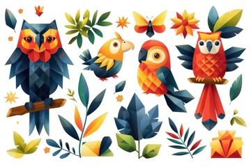 Colorful jungle animal and leaves set isolated on white background