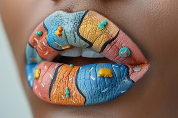 Vibrant and artistic lips adorned with colorful beads, rhinestones, and intricate paintwork. - obrazy, fototapety, plakaty