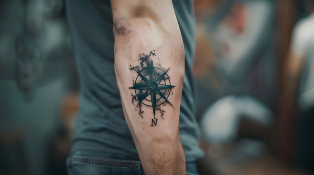 A clear and sharp image showing a man's forearm with a bold nautical compass tattoo symbolizing guidance