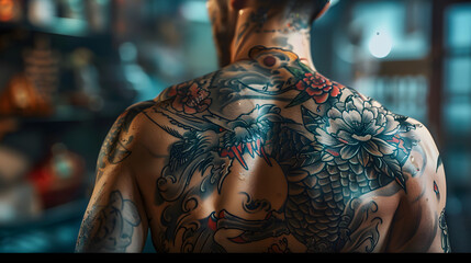 Intricately inked back showing traditional Japanese tattoo art with flowers and birds under warm shop lights