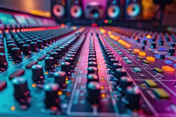 Audio Mixing Console with Blue and Orange Lights in the Background - obrazy, fototapety, plakaty