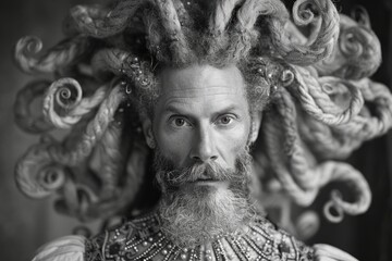 Portrait of a man with a beard and long curly hair wearing a headdress.