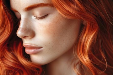 Portrait of a beautiful young woman with freckles and red curly hair