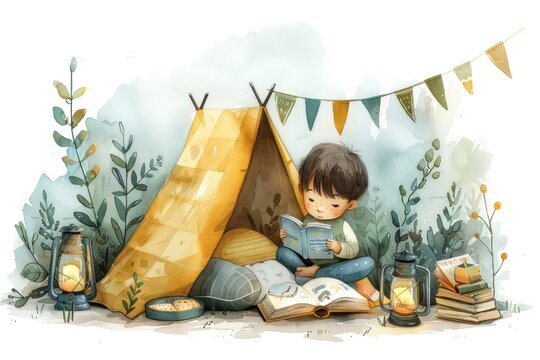 Young boy engrossed in a captivating book inside a cozy tent, illuminated by warm lantern light