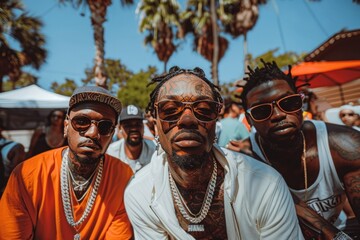 Three stylish men in sunglasses posing confidently in a tropical setting