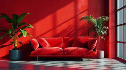little interior space including a red sofa, monochrome red 3D icon, and 3D rendering.