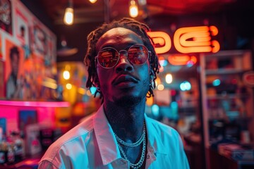 Stylish African-American man with dreadlocks and sunglasses posing in city lights at night