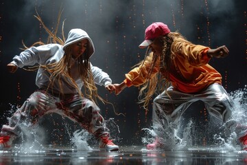 Two female dancers in colorful outfits perform a synchronized dance routine in a dimly lit room.