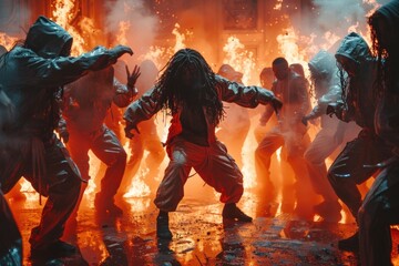 Energetic backup dancers performing with fire and passion on stage for a live audience.