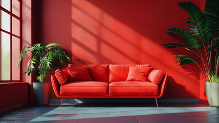 little interior space including a red sofa, monochrome red 3D icon, and 3D rendering.