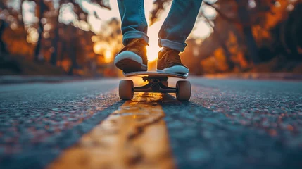 Foto op Plexiglas The feet of a man on a skateboard moving along road markings against a backdrop of sunset lighting. © Eyd_Ennuard