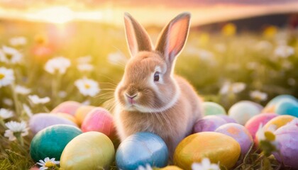 Fototapeta na wymiar cute little easter bunny rabbit sitting on many colorful painted esater eggs beautiful easter greeting card