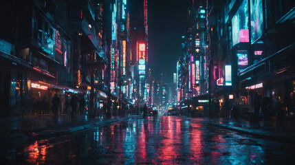 Obraz premium Neon-Lit City Street at Night