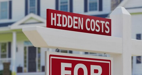Dolly Zoom of A Hidden Costs For Sale Real Estate Sign with a New Home in the Background.

