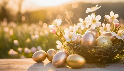 Fototapeta na wymiar happy easter holiday background easter eggs and beautiful spring flowers