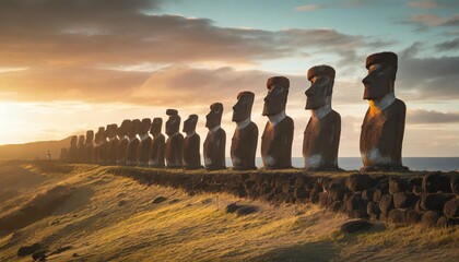 moai figures easter island sunset created with technology - obrazy, fototapety, plakaty