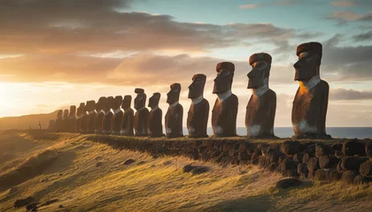 Fotobehang moai figures easter island sunset created with technology © Susan
