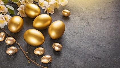 easter decoration golden eggs on dark shale background - obrazy, fototapety, plakaty