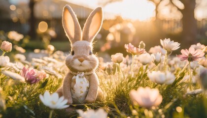 easter bunny with flowers toy rabbit in the garden easter bunny rabbit toy rabbit