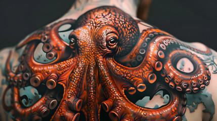 Fototapeta premium An exquisitely detailed octopus tattoo envelops the skin showcasing deep oranges and intricate textures