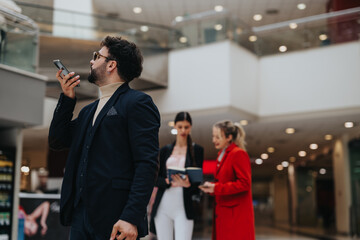 Modern business colleagues engaged with their phones in a busy shopping center, capturing the...