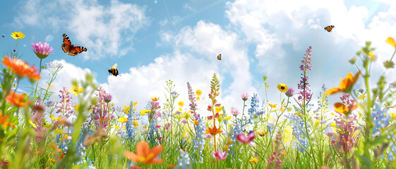 Multiple butterflies flutter over a lush meadow filled with a variety of wildflowers under a clear blue sky