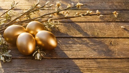 easter eggs with branches on wood background